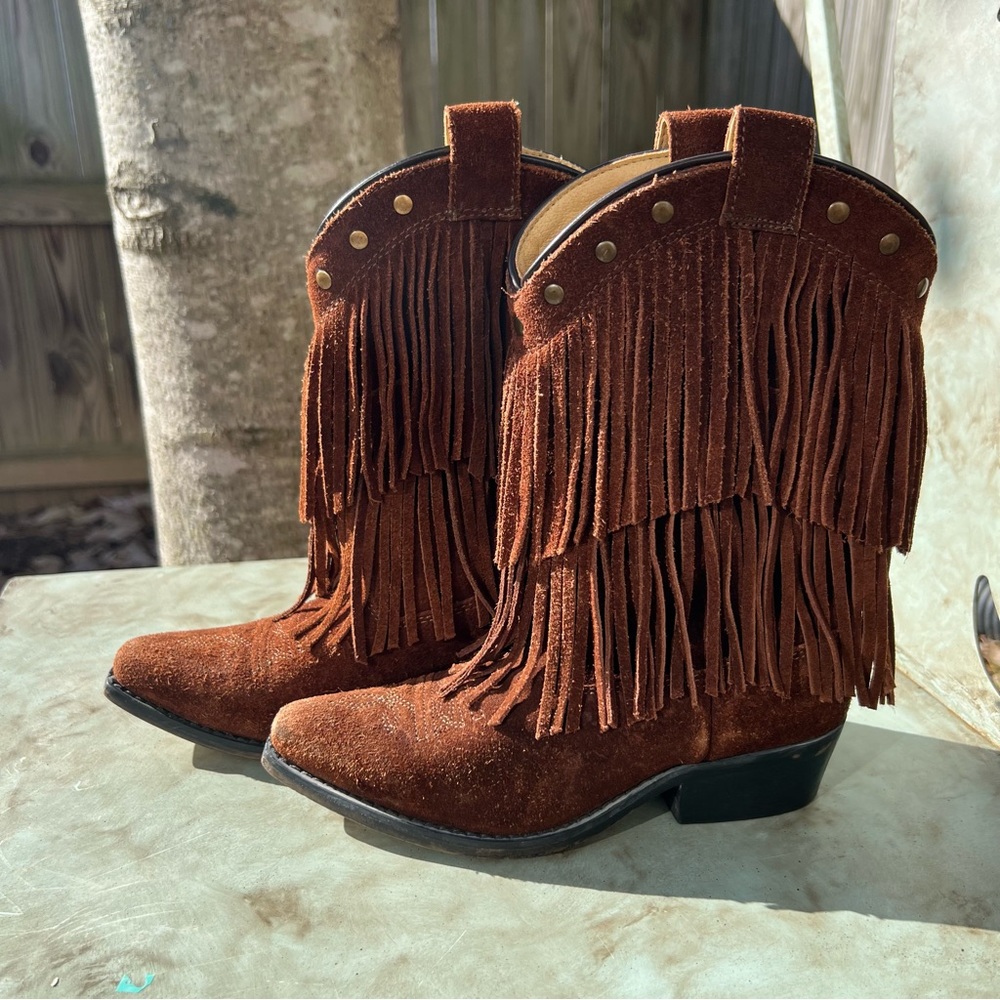girl's Shyanne brown suede leather western boots with fringe Sz 13